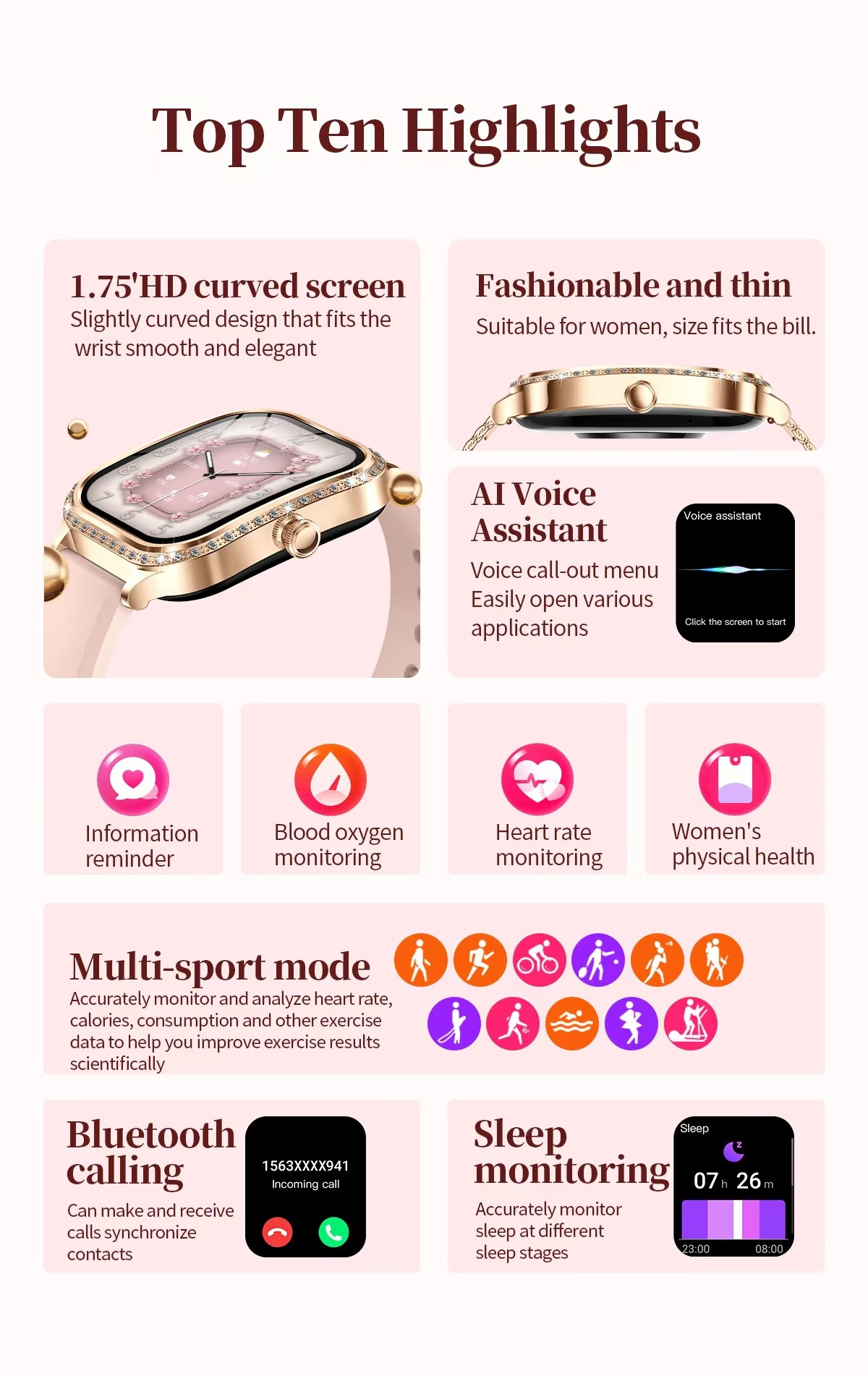 MK88 Women Smart Watch , Multi Sport Smart Watch Health Monitoring BT Call Blood Oxygen