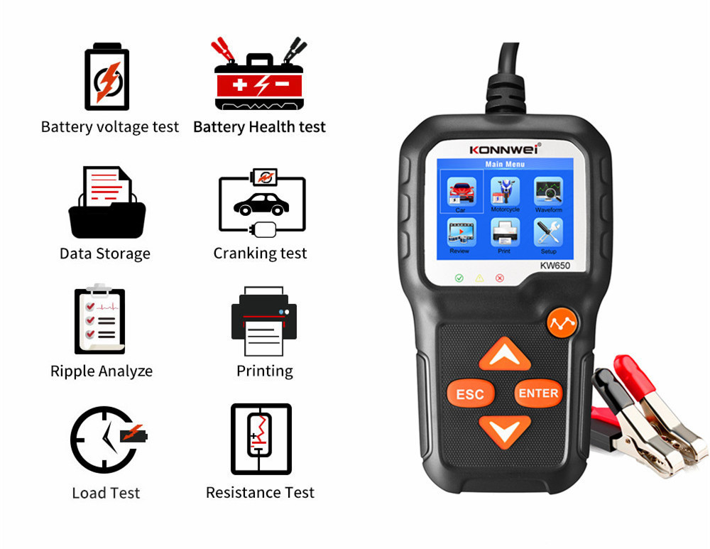 Hand-held 2.4 inch 6-16V Vehicle Battery Test Tool KONNWEI KW650 with update and print