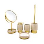 Round Polyresin Bathroom Bathroom Soap Set Bowl Brush 37cm Sand Stone Look