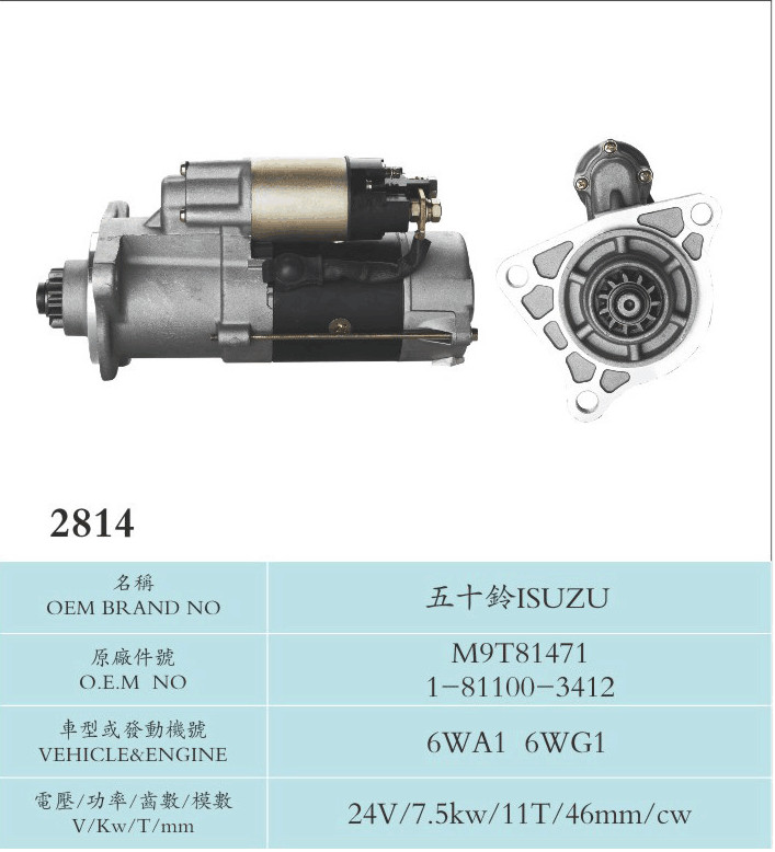 Silver Color ISUZU Starter Motor 30*18 Sliding Armature Driving Type M9T81471 1-81100-3412 6WA1 6WG1