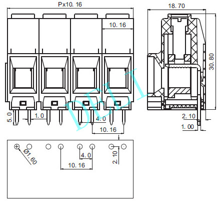 Screw Terminal Block Connector 10.16mm Pitch 1P-xxP 600V 60A PCB DL134C-XX-10.16