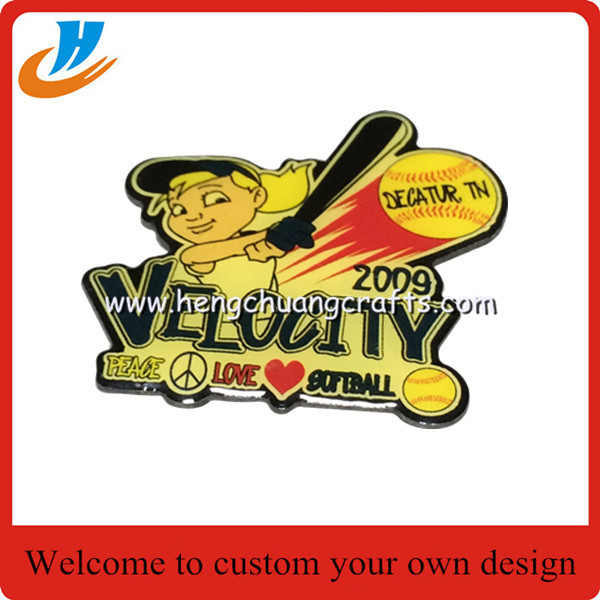 US custom metal badge pin, New design baseball logo badge with epoxy
