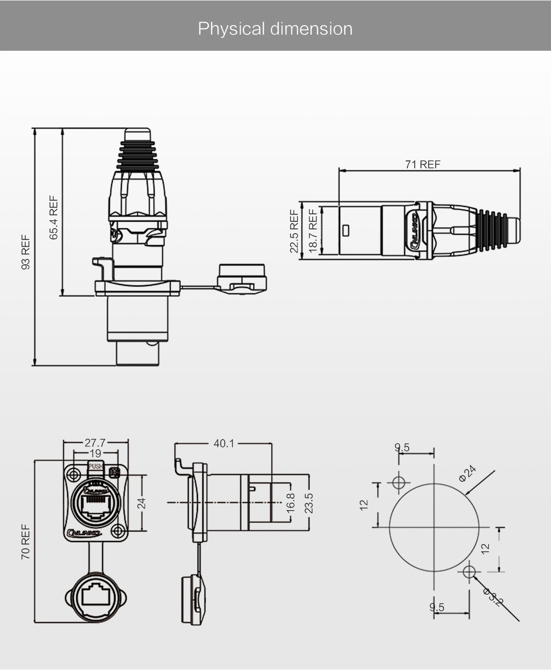 Double shield dual rj45 pcb mount connector waterproof ip67 lan cable available