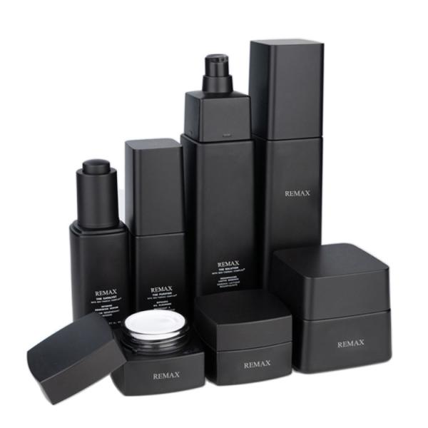 Buy cheap Luxury Glass Cosmetic Packaging Bottle Skincare Set Matt Black 30ml 100ml 125ml 50g from wholesalers