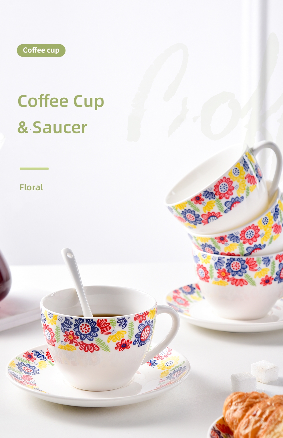 Floral Design Style 12pcs Ceramic Cups And Saucers For Tea Taza De Cafe Tasse A Cafe