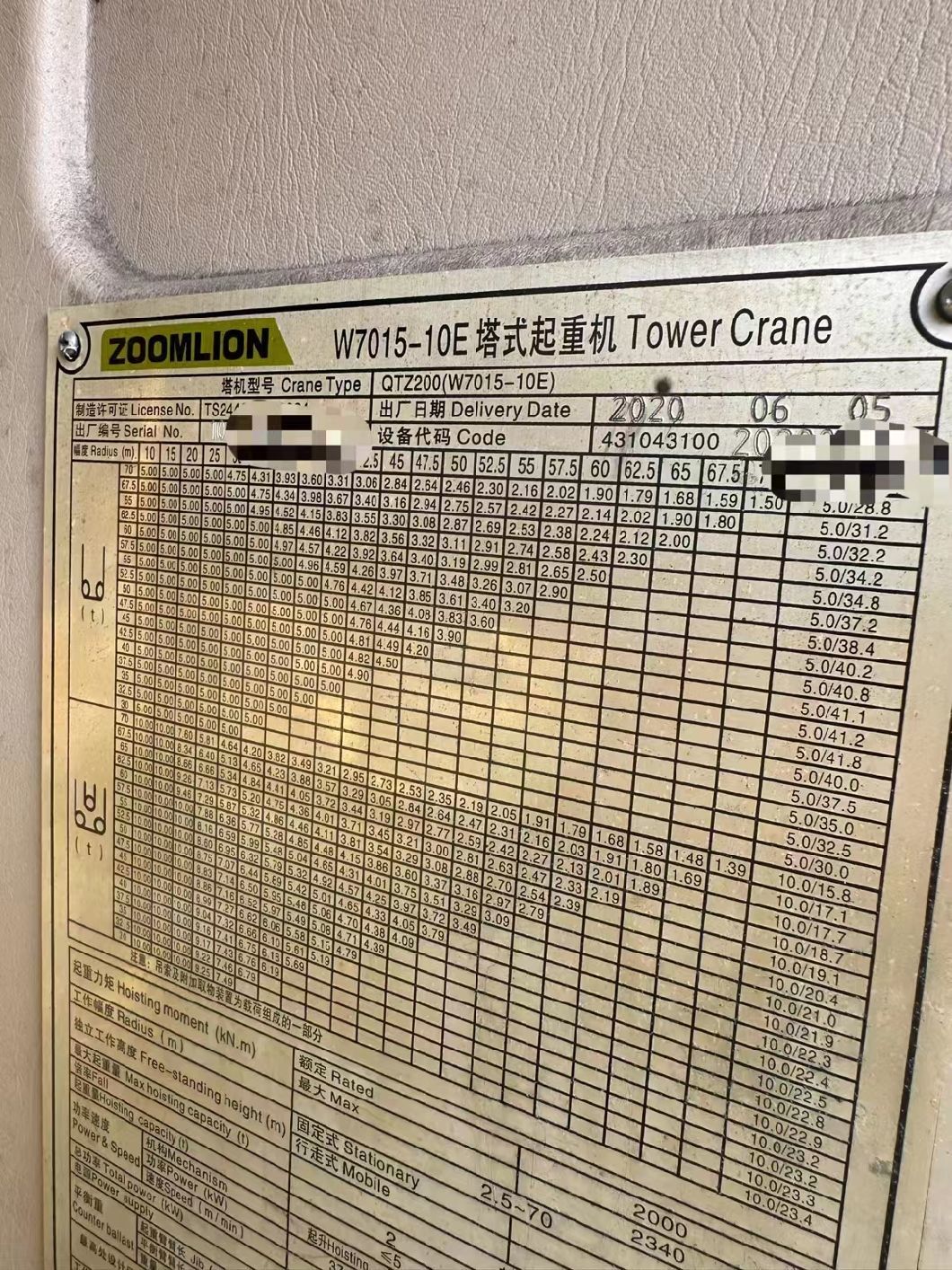 Used Tower Crane Zoomlion W7015-10b with 10t Max Load
