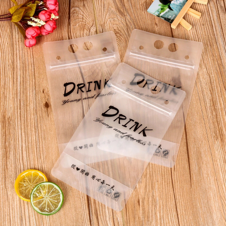 Custom clear transparent reusable and disposable plastic stand up drinking fruit juice packing pouch bag with straw