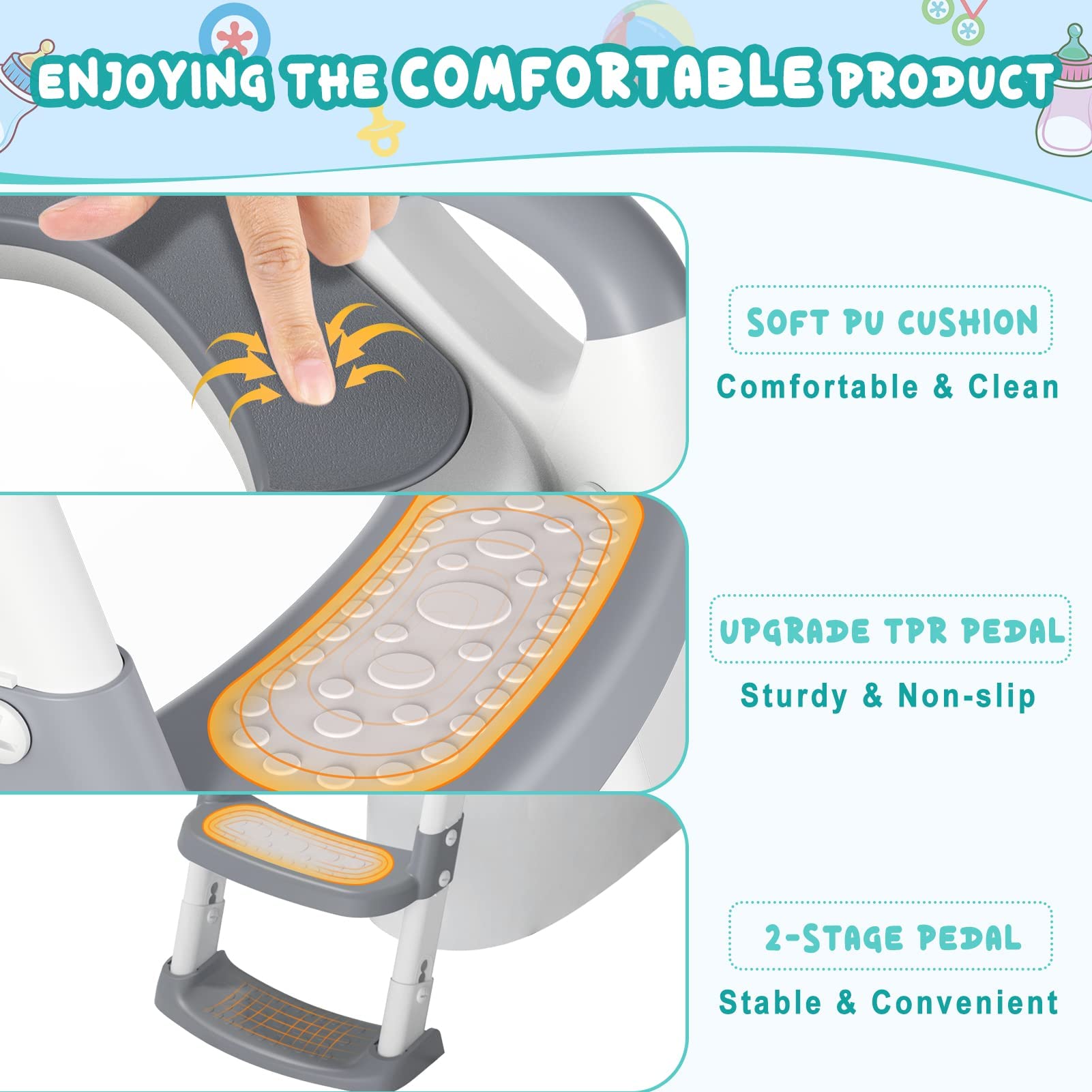 Grey/Blue/Red 3 In 1 Potty Training Seat With Step Stool Ladder Fits 1-10 Years Old
