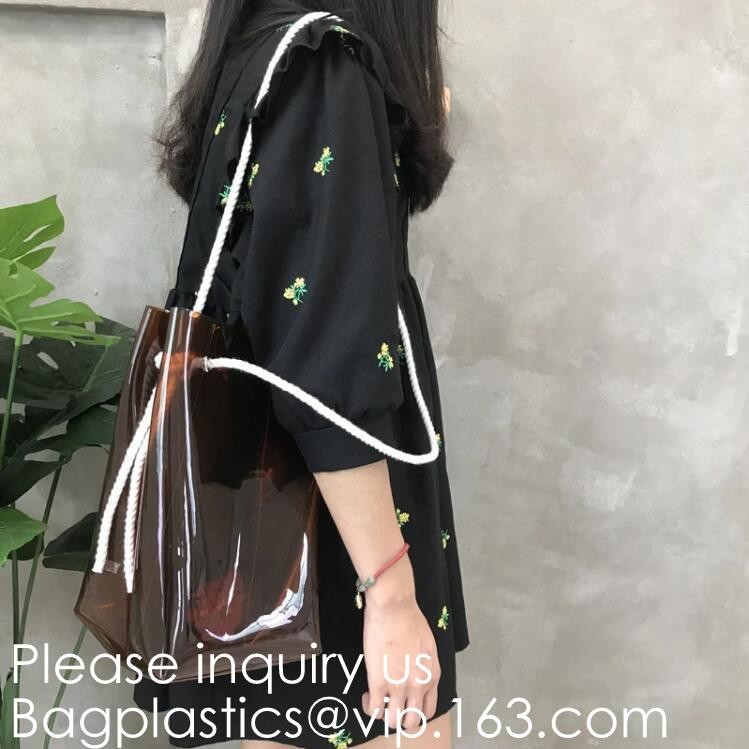 Reusable Custom Transparent PVC Shopping Bag Promotional Items Ladies Clear Plastic Beach Tote Bags Women, bagease, pack