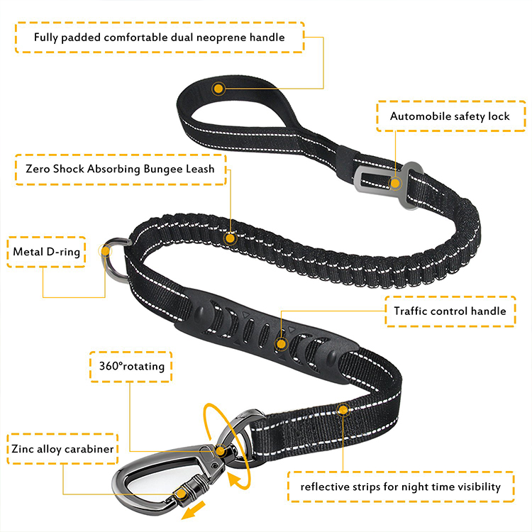 Heavy Duty 4-6FT Bungee Dog Paracord Leash Durable Car Seat Belt Walking Running Training Pet Leash with Zinc Alloy Carabiner