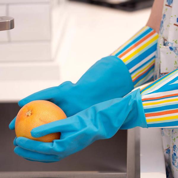 Long Sleeve Household Kitchen Rubber Gloves Flocklined Oil Proof With Beautiful