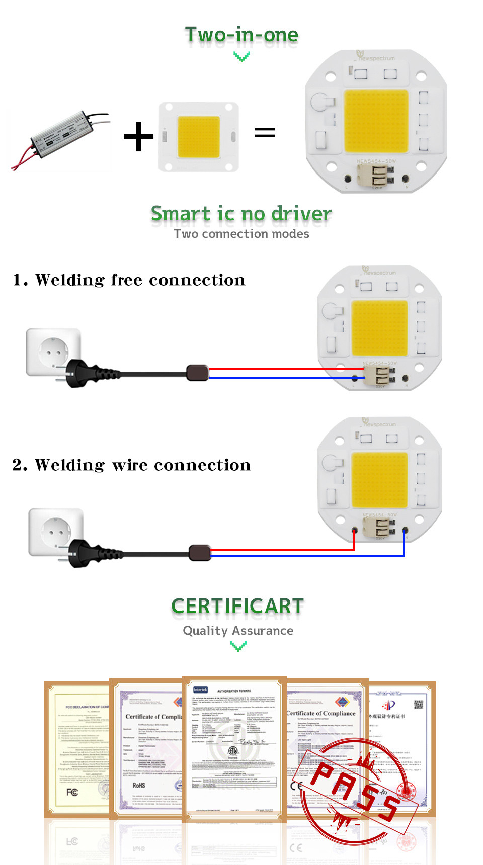50W Dimming Cob LED 220V Solderless Wire Dob Led Driver Size 25mm