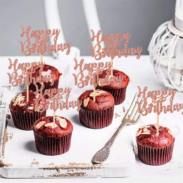 Buy cheap Rose Gold Glitter Happy Birthday Paper Cupcake Topper from wholesalers