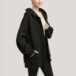 Custom Women Black Hoodie Ladies Plus Size Long Sleeve Zip up Sweatshirt Casual