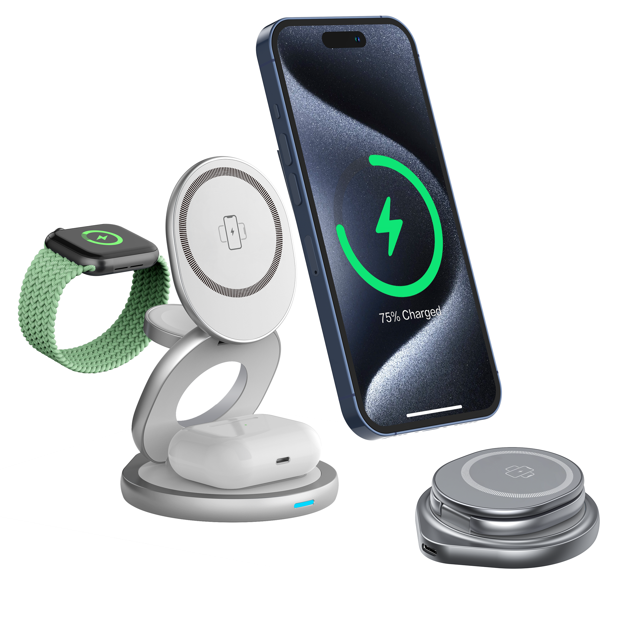 Metallic 3 In 1 Wireless Charging Station Folding Fast Charging Magnetic 15W