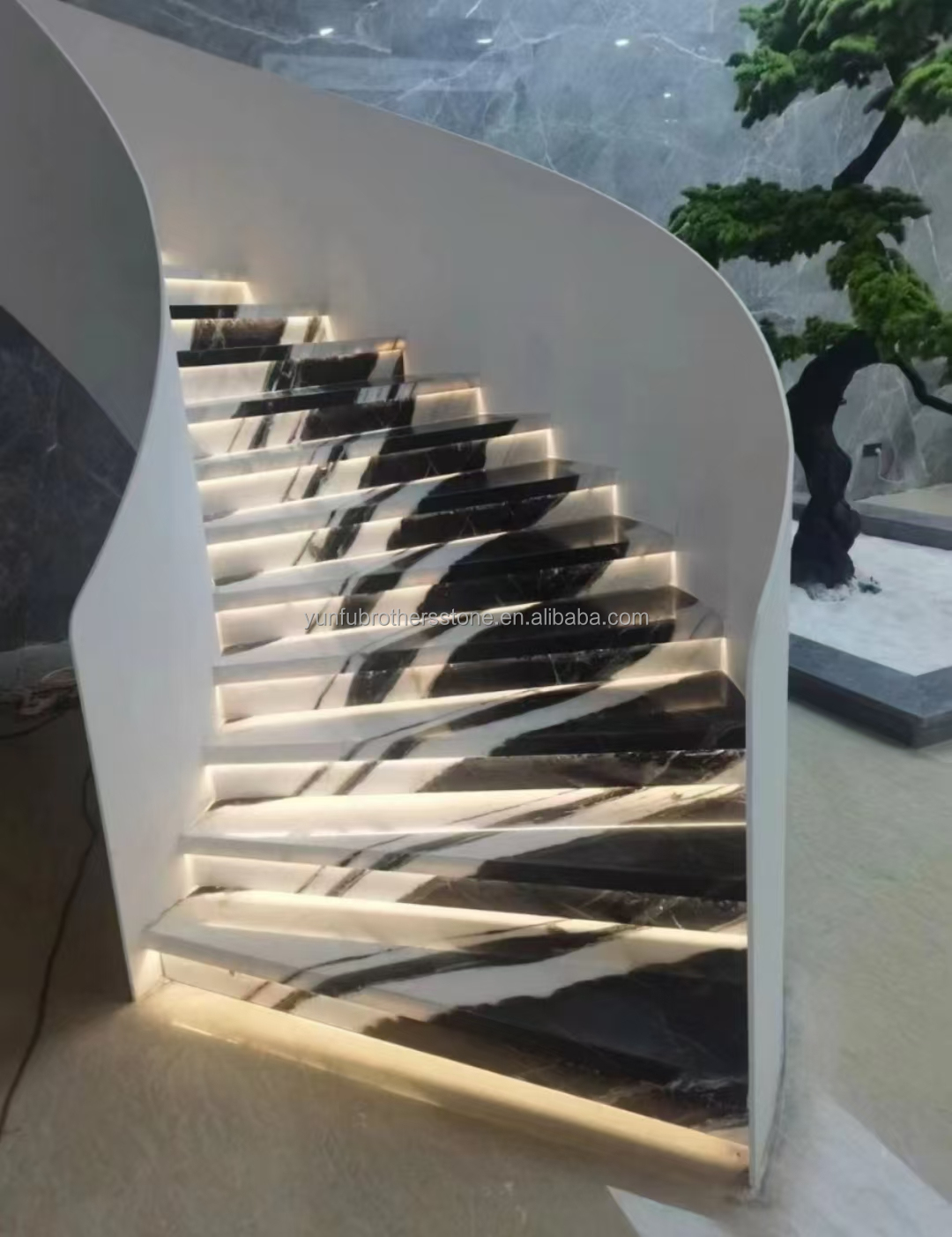 Easy Installation Panda White Marble Stairs with Modern Design and LED Wall Lights