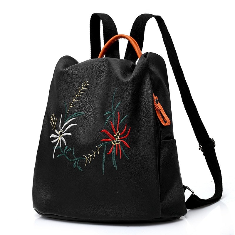 Wild Embroidery College Wind Bag Small Fresh Backpack - BLACK 