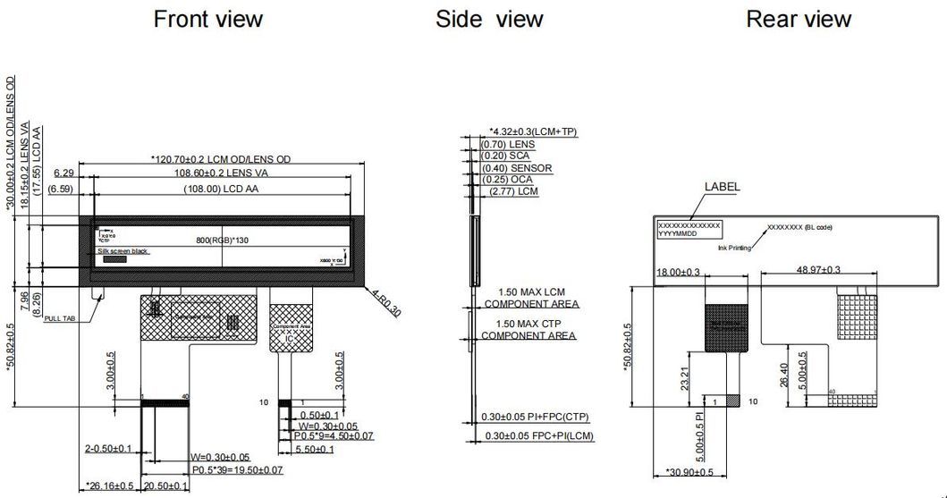 4.3inch 800X130 Bar Type LCD with CTP and Oca Bonding