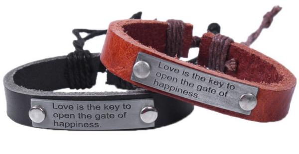 Love is the key to the door to happiness alloy letters cowhide leather woven