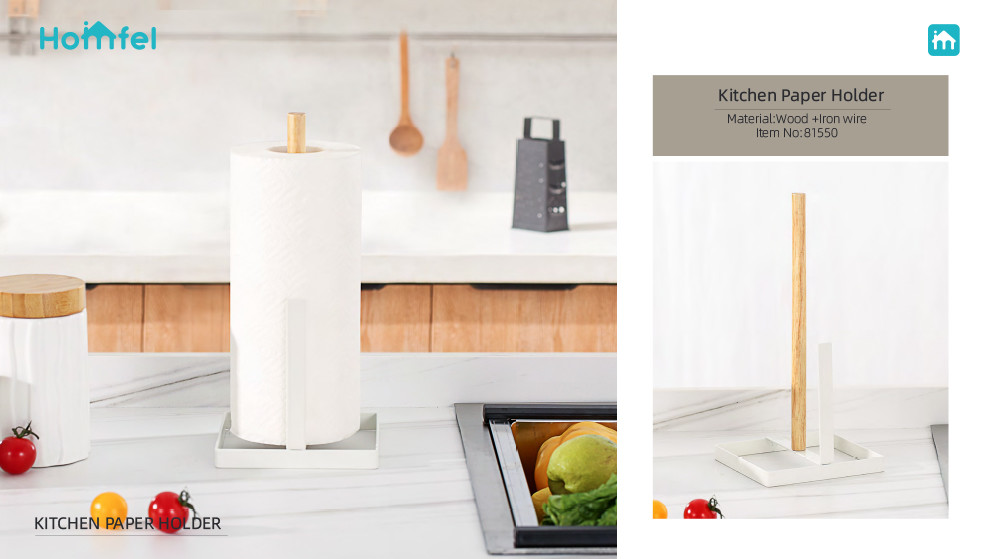 Countertop Metal And Bamboo Paper Towel Holder Kitchen Paper Roll Rack