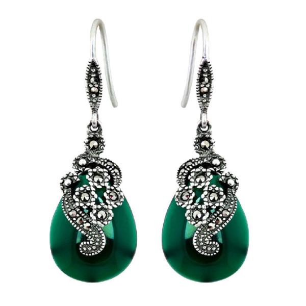 Buy cheap Retro Jewelry Thai 925 Silver with Marcasite Green Agate Earrings(LR1036GREEN) from wholesalers