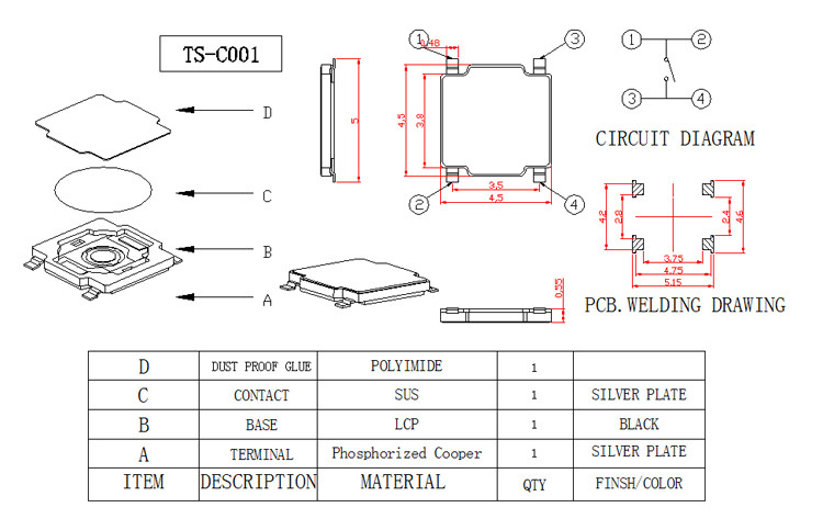 Hearing Aids SMD Tactile Switch / SMT Tact Switch Firm Type With 3x3 Mm Size