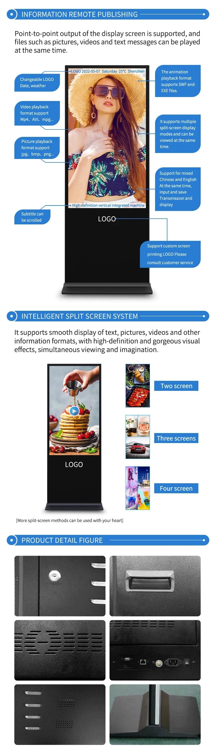 89 Visual Angle Floor Standing Touch Screen Kiosk 49 Inch High Brightness