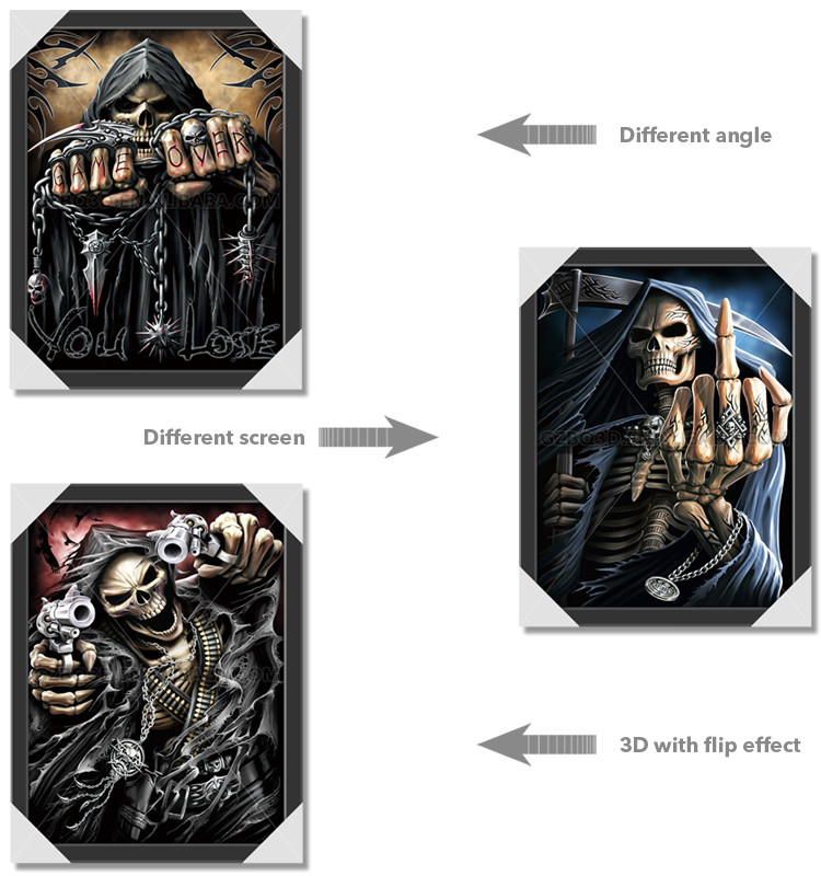 3d lenticular decorative wall 3d picture with black frame , 3d flipped image with skull