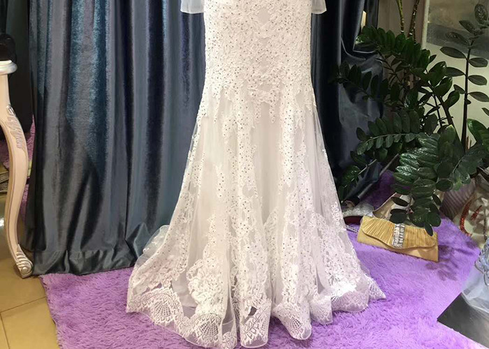Deep V Neck Mermaid Style Prom Dress / Long Sleeve See Ivory Lace Evening Gown