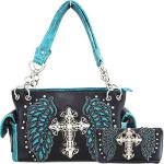 WESTERN STYLE RHINESTONE CROSS STUDDED LASER CUT WINGS TOOLED LEATHER PURSE