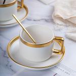 Matte White Ceramic Porcelain Coffee Tea Cups Saucers Sets With Gold Handle