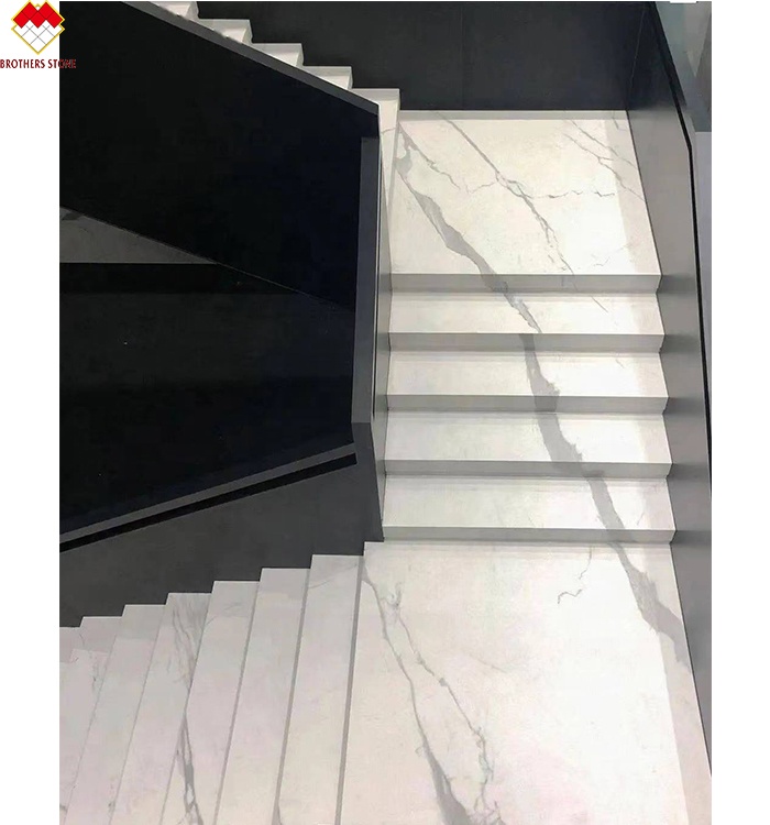 White Black Grey Gold Customized Polished Calacatta Marble Look Porcelain Tile Stairs