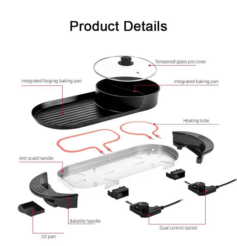 230V 2 in 1 Multi-function 2200W Cast Aluminum Non-stick Cooking Pan Grill With Hot Pot
