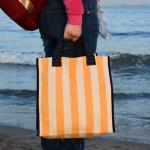 Large-Capacity Stripe Canvas Handbag Women Bag Simple Supermarket Green Shopping