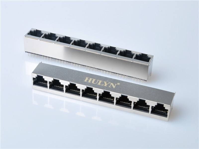 HULYN Very low profile, Shielded RJ45 Modular Jack Connector, Through Hole Type, Top Entry, 1x8 Ports