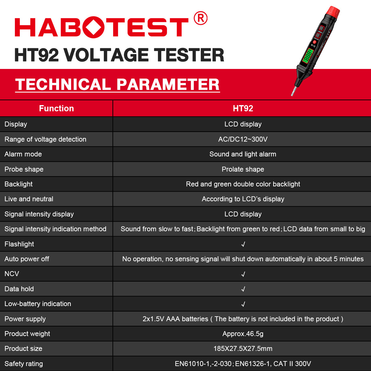 HT92 Electrical Pen Tester Multifunction LCD Digital Display Electroprobe AC/DC Voltage Tester Electroprobe With Light