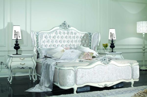 ISO 9001 Victorian Luxury European Bedroom Furniture White Silver Classic