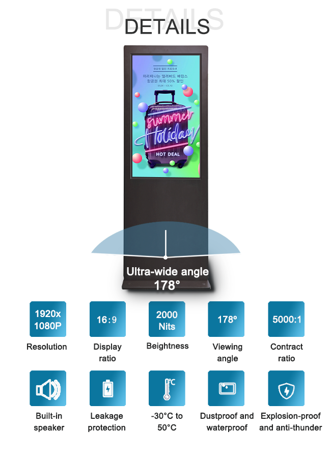 10ft height 43/ 55/ 65/ 75 inch Weatherproof Digital Display For Outdoor Advertisement