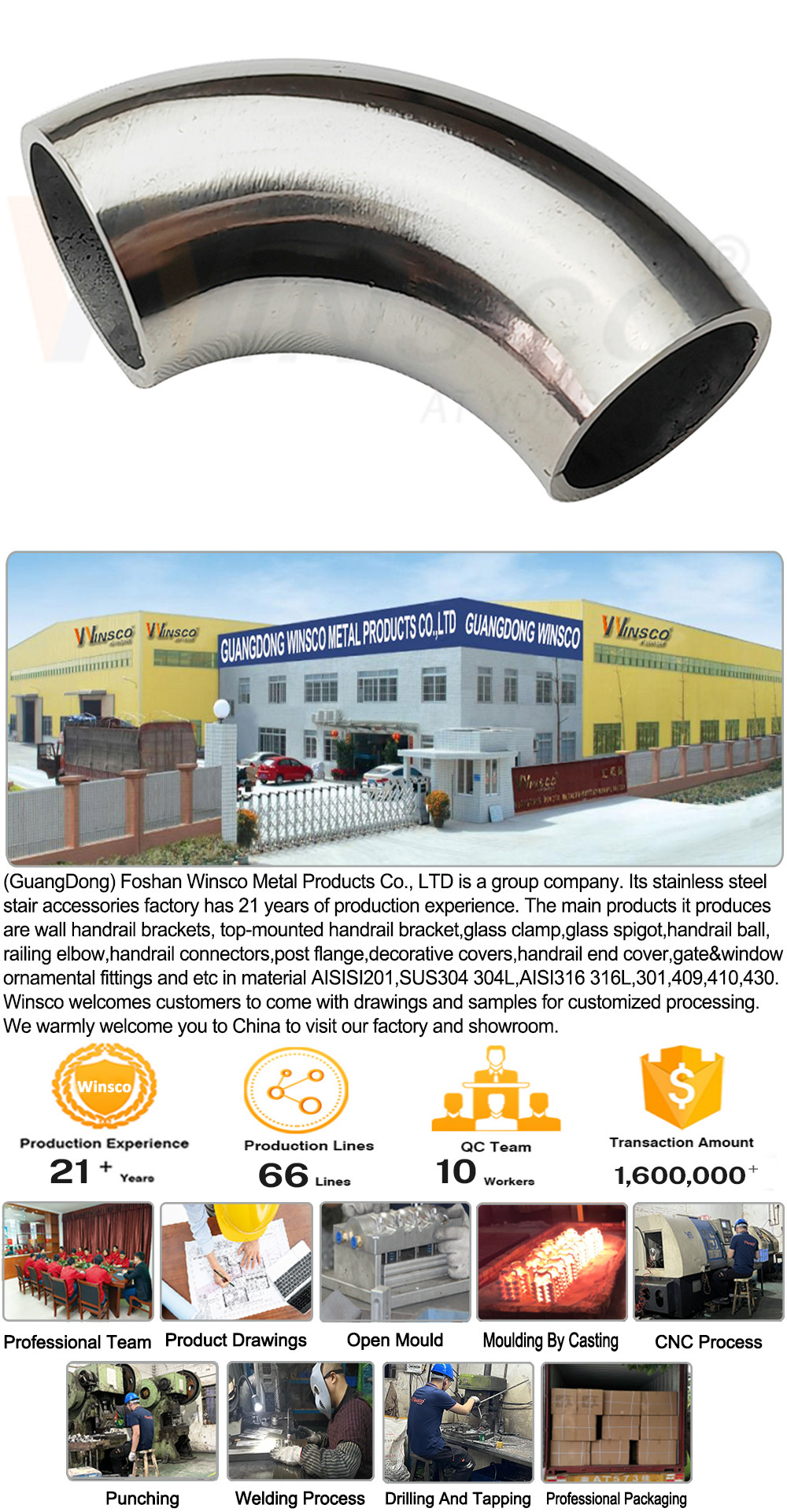 1.2mm 1.5mm Thickness 201 304 316 Grade Mirror Satin Surface 15.9mm OD Stainless Steel Handrail Elbow 55mm Arc Length