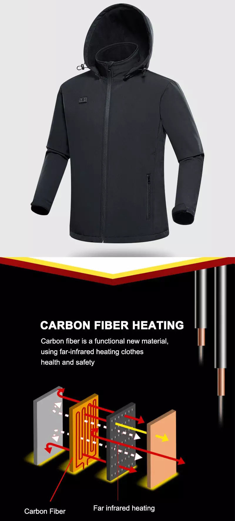 Graphene Electric Heated Vest Jacket Fast heating With Detachable Hood OEM