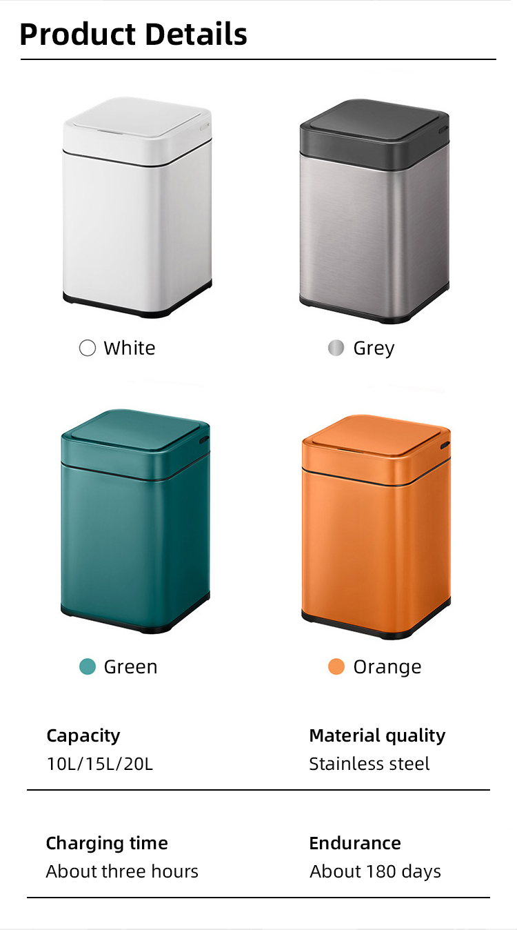 Square Electric Smart Garbage Bin Home Trash Can With Lid And Automatic Sensing