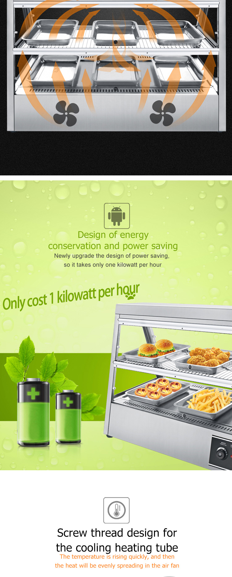 1600W Commercial Kitchen Counter Top Fast Food Warmer Display Showcase for KFC Chicken