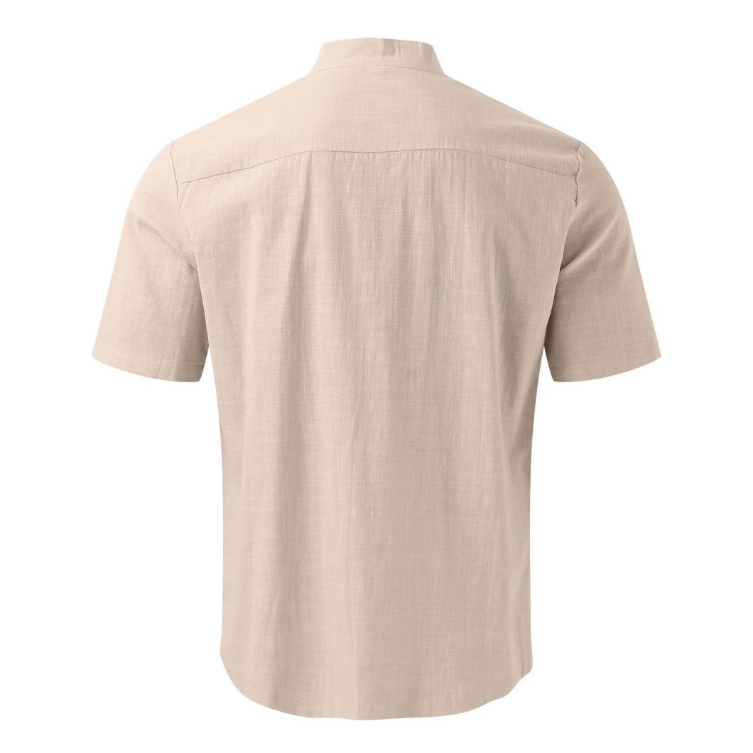 2023 Men&prime;s Short-Sleeved Cotton Linen Shirt Standing Collar Slim-Fit Men&prime;s Shirt