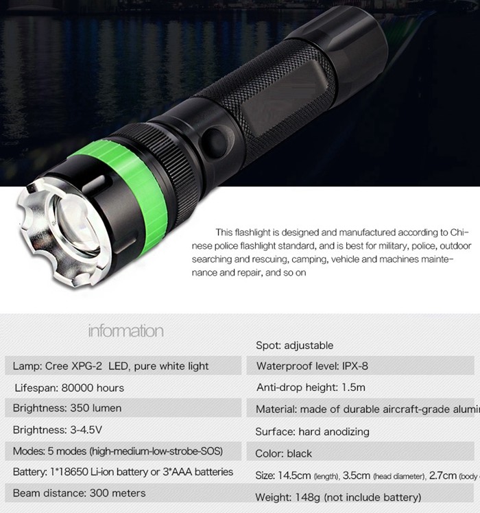 Police Security LED Rechargeable Flashlight Added Fluorescent Silicone Ring