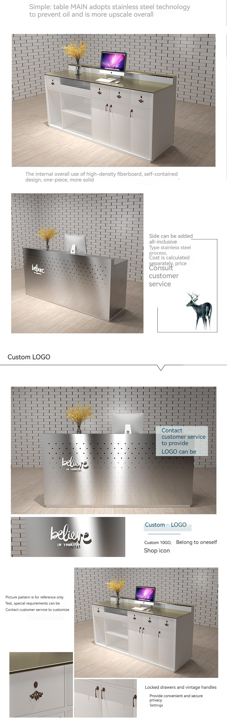 OEM Reception Desk Table with Drawers and Cabinets Made of E1 MDF/MFC Melamine Board