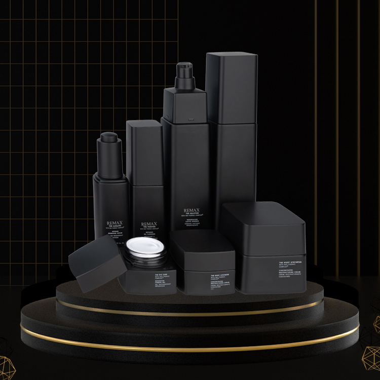 Luxury Glass Cosmetic Packaging Bottle Skincare Set Matt Black 30ml 100ml 125ml 50g
