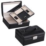 black leather covering fashion wooden cosmetic lock box with glass