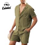 Summer Men Shorts Set Plain Flax Cotton Breathable Solid Color Two Piece Suit