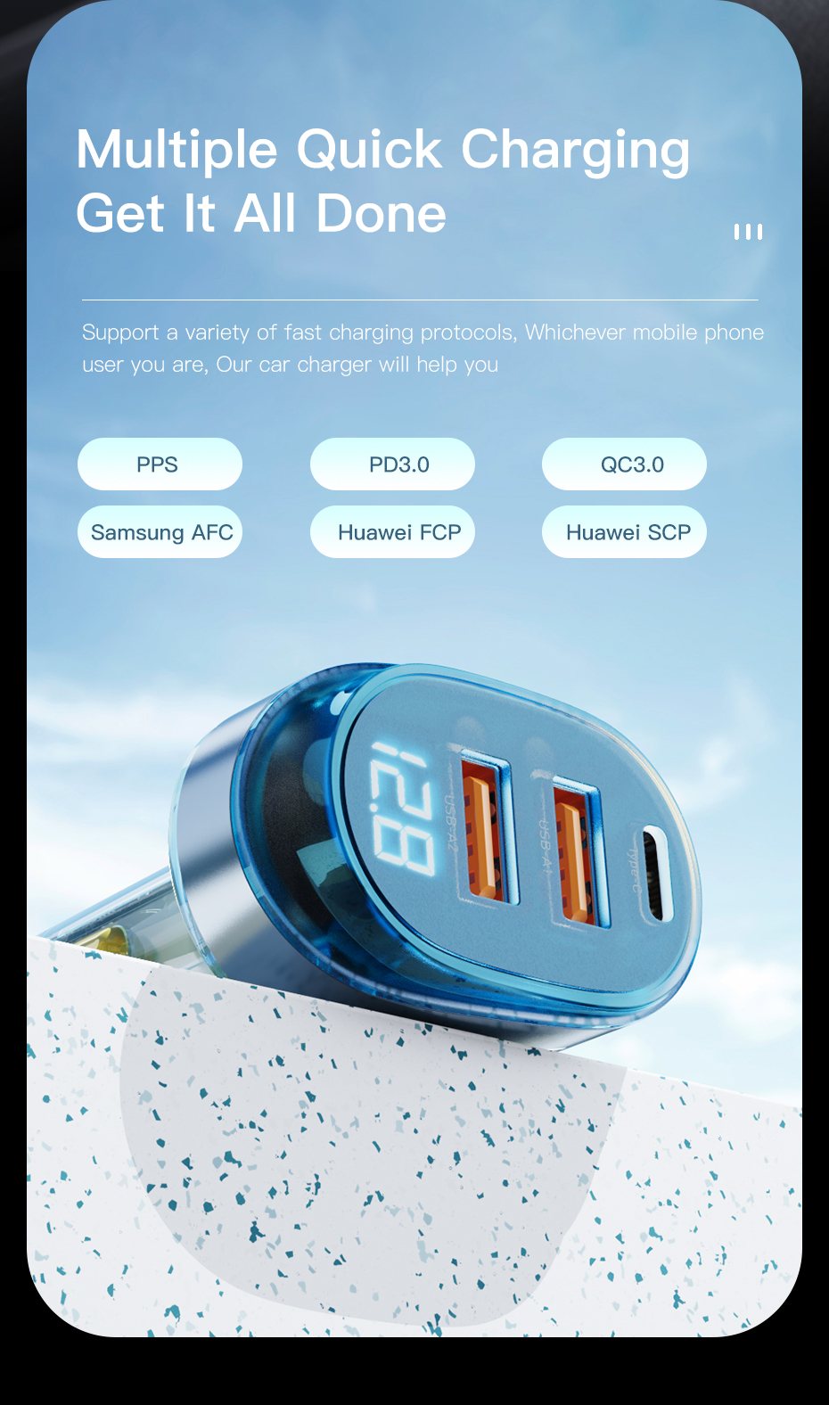 PD QC Digital Display Fast Charging Car Charger Transparent 125W 65W 30W