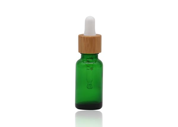 Green Oil 18mm Cosmetic Glass Dropper Bottles With Bamboo Dropper Printing